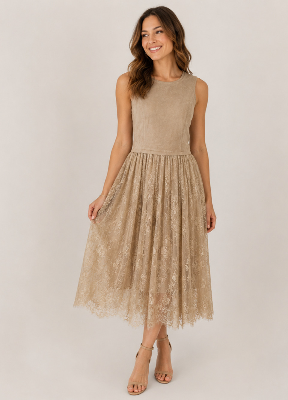 VERTY Women’s Medium Beige Taupe Sleeveless Lace Midi Dress Romantic Boho